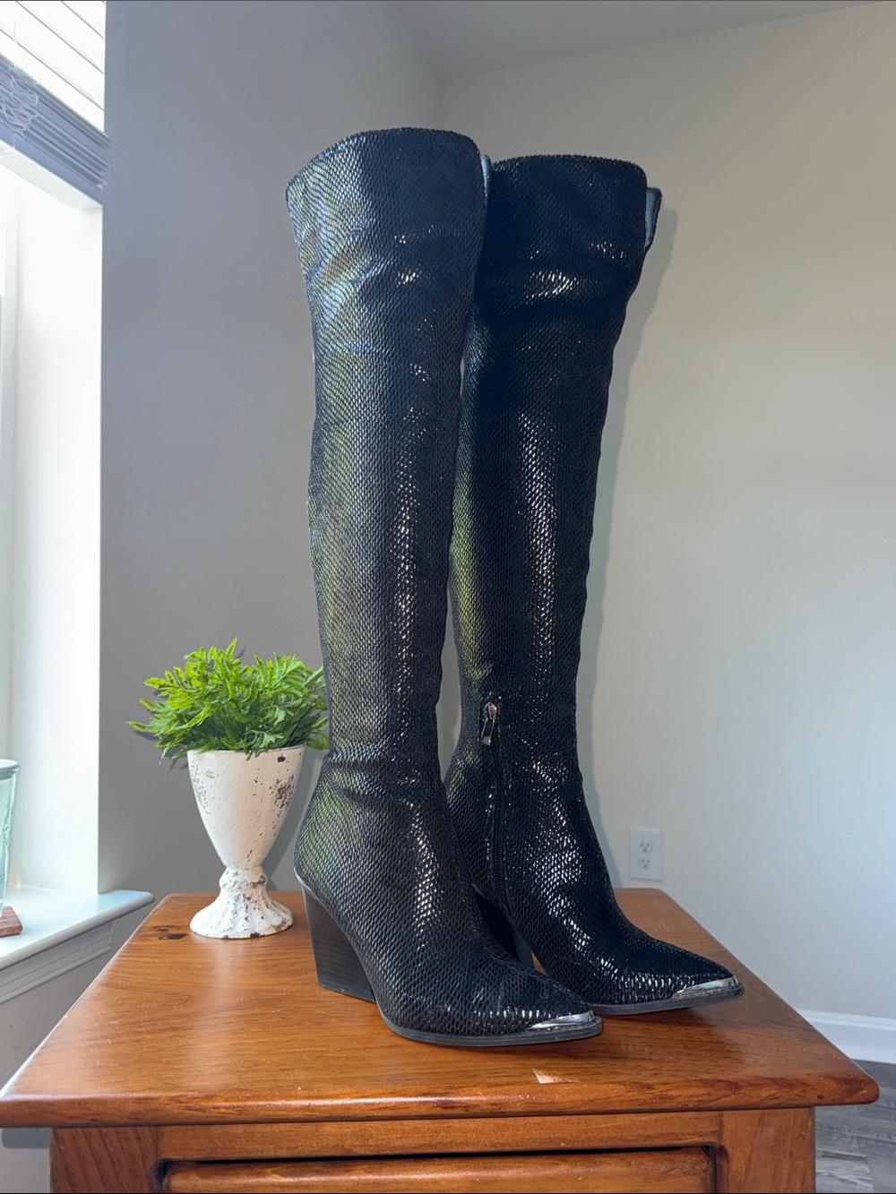 Forever 21 Black Textured Over-the-Knee Wedge Boots